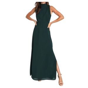 Lulus Classic Elegance Emerald Green Chiffon Sleeveless Mock Neck Maxi Dress S